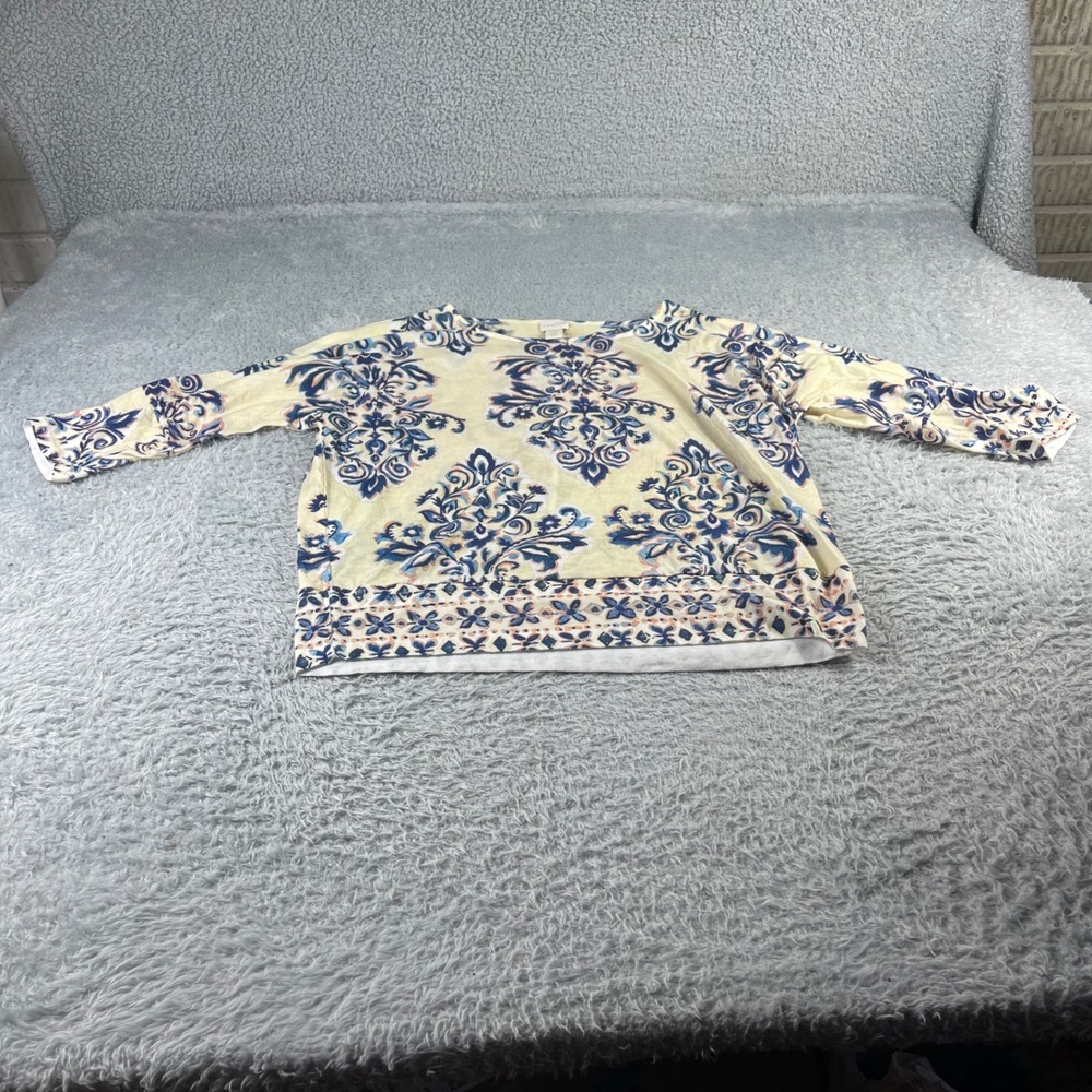 Chicos Womens Damask Print 3/4 Sleeve Top Yellow Blue Size 1 Medium 100%